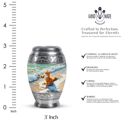 Sage Green Cat Cremation Urn lifestyle display on memorial shelf - regal cat design with crown-inspired accents - mini keepsake memorial for portion of cremation ashes