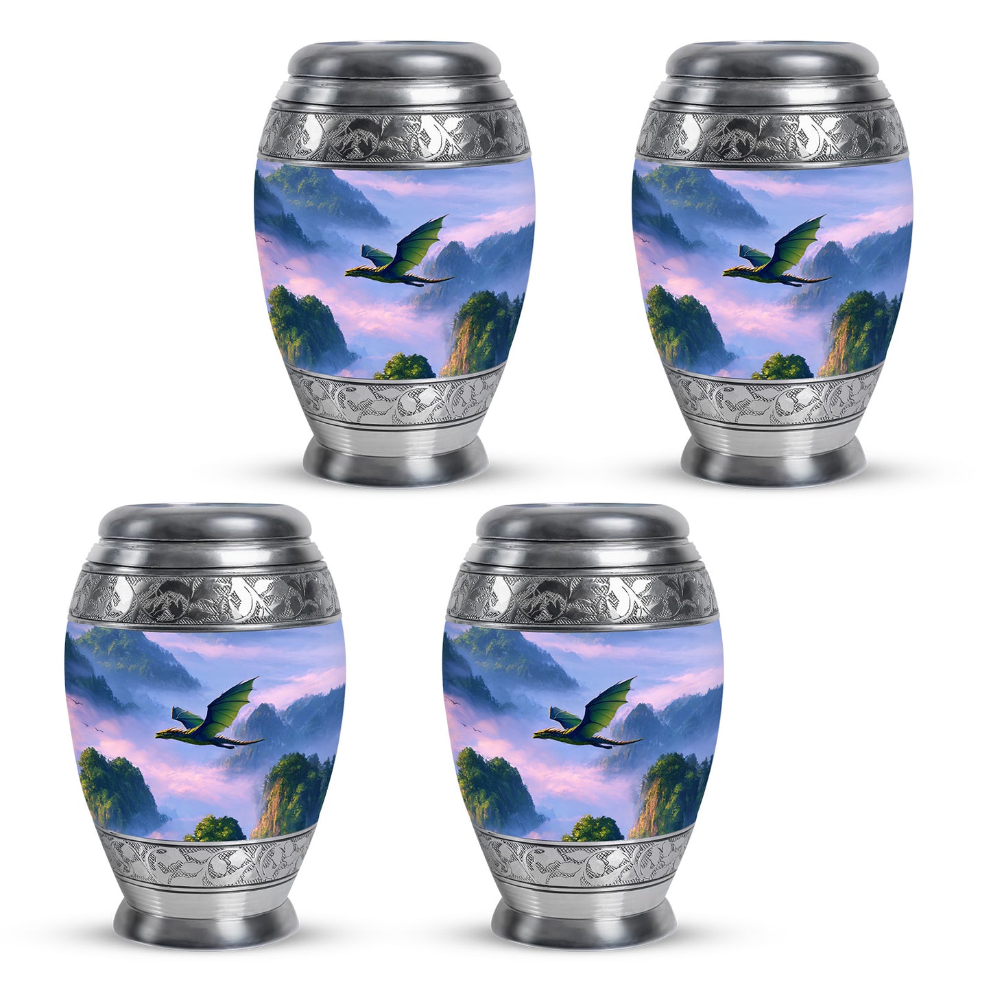 Serene Blue Dragon Cremation Urn urn with complimentary velvet bag - majestic dragon pattern with filigree border - 10 inch aluminum urn for cremated remains