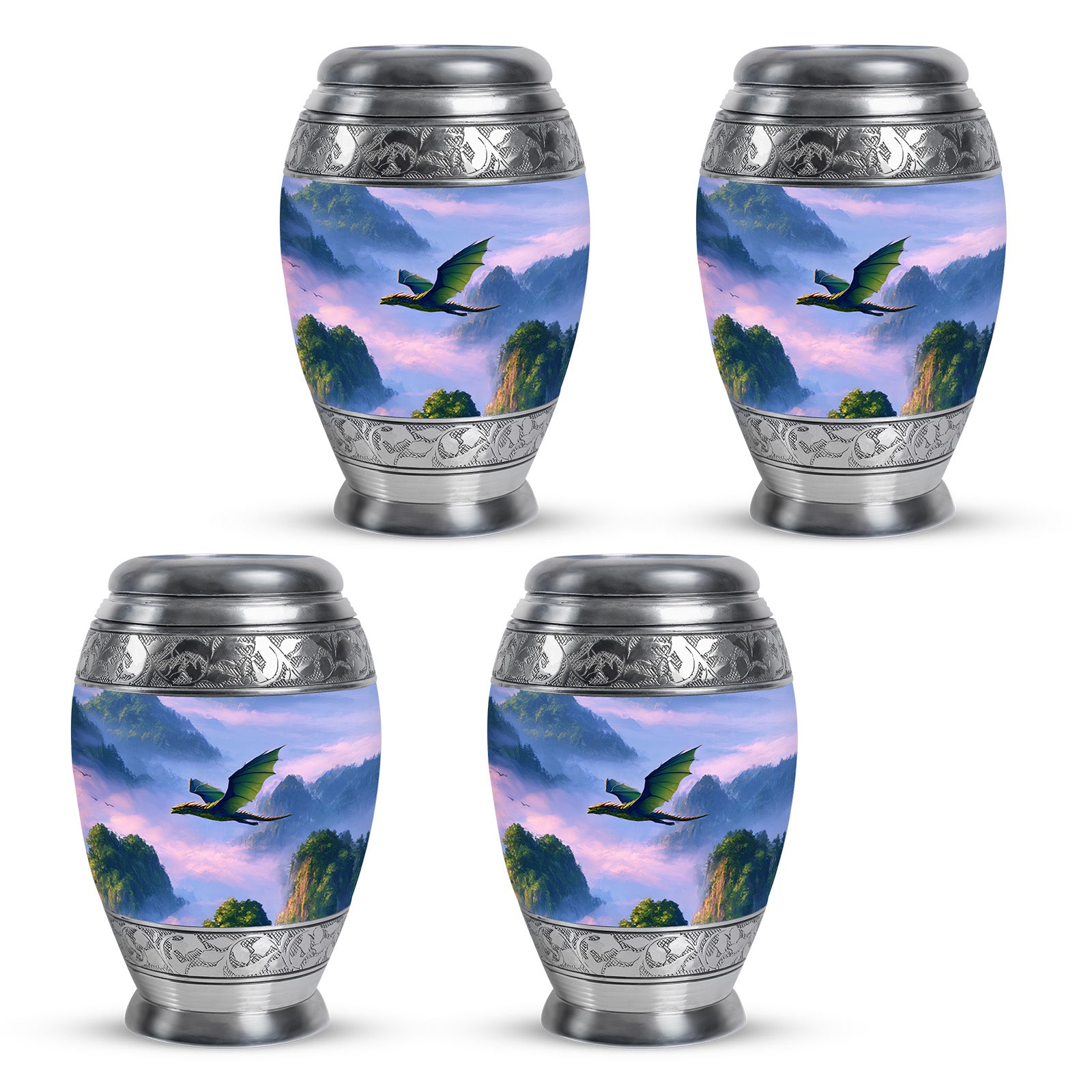 Serene Blue Dragon Cremation Urn urn with complimentary velvet bag - majestic dragon pattern with filigree border - 10 inch aluminum urn for cremated remains