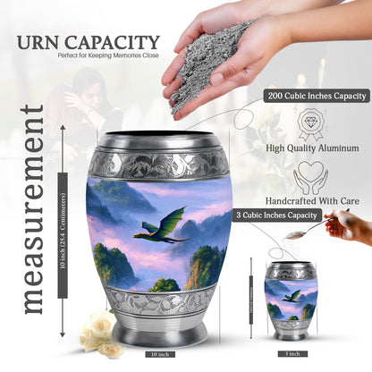Sky Blue Dragon Cremation Urn lifestyle display on memorial shelf - ornate monarch-style dragon relief on brushed aluminum - mini keepsake memorial for portion of cremation ashes