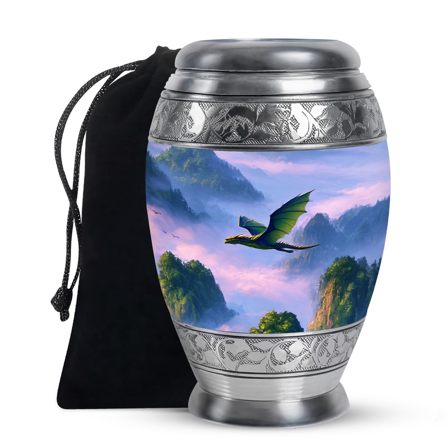 Steel Blue Dragon Cremation Urn back view with polished surface - majestic dragon pattern with filigree border - full-size 10 inch 200 cubic inch adult cremation urn
