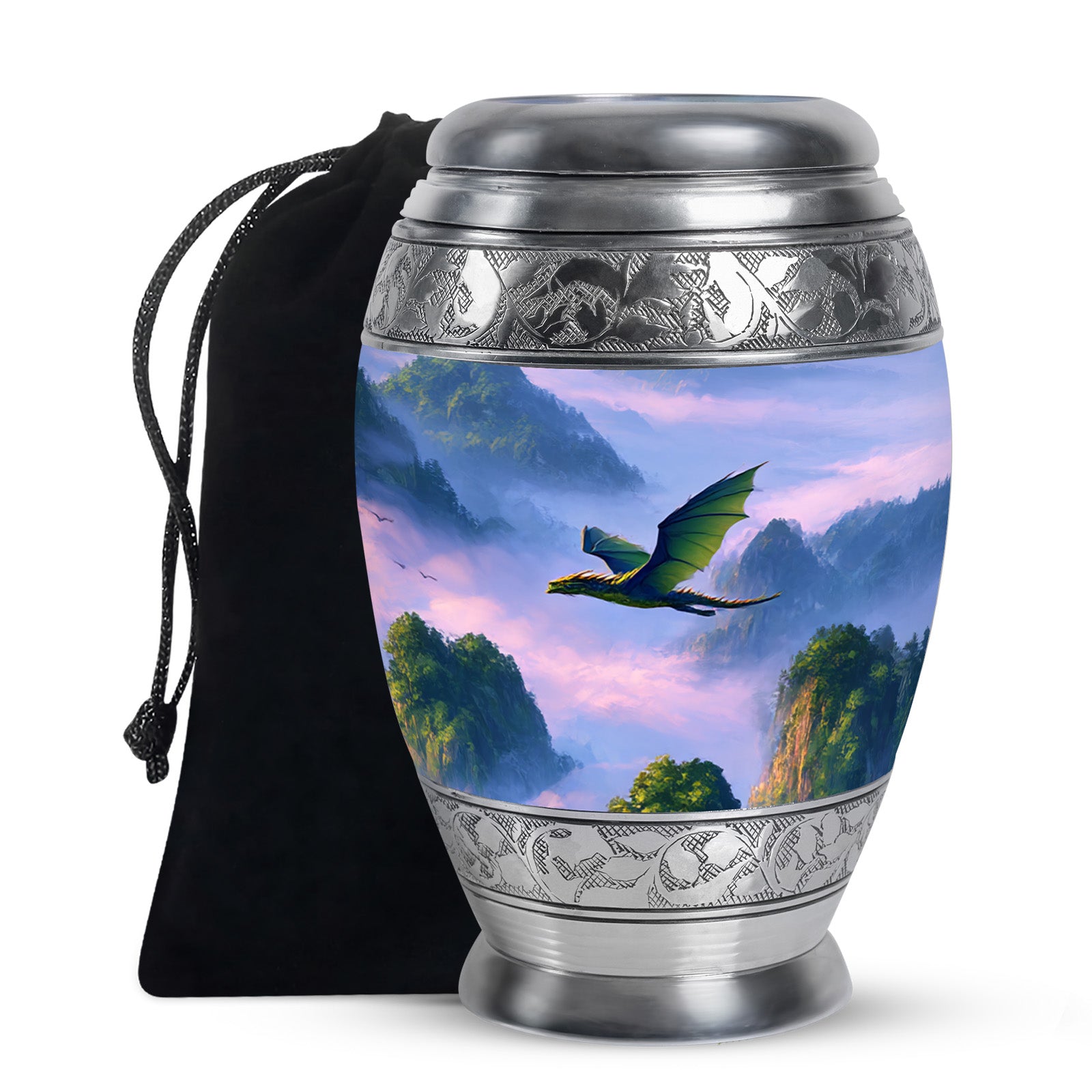 Steel Blue Dragon Cremation Urn back view with polished surface - majestic dragon pattern with filigree border - full-size 10 inch 200 cubic inch adult cremation urn