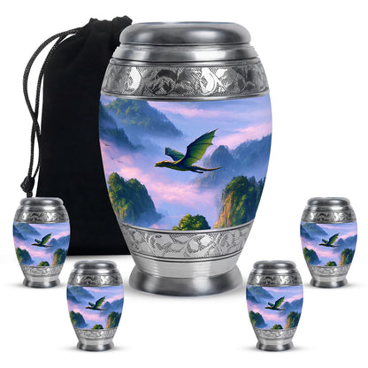 Celestial Blue Dragon Cremation Urn detail view - ornate monarch-style dragon relief on brushed aluminum - memorial set with one large and four small urns