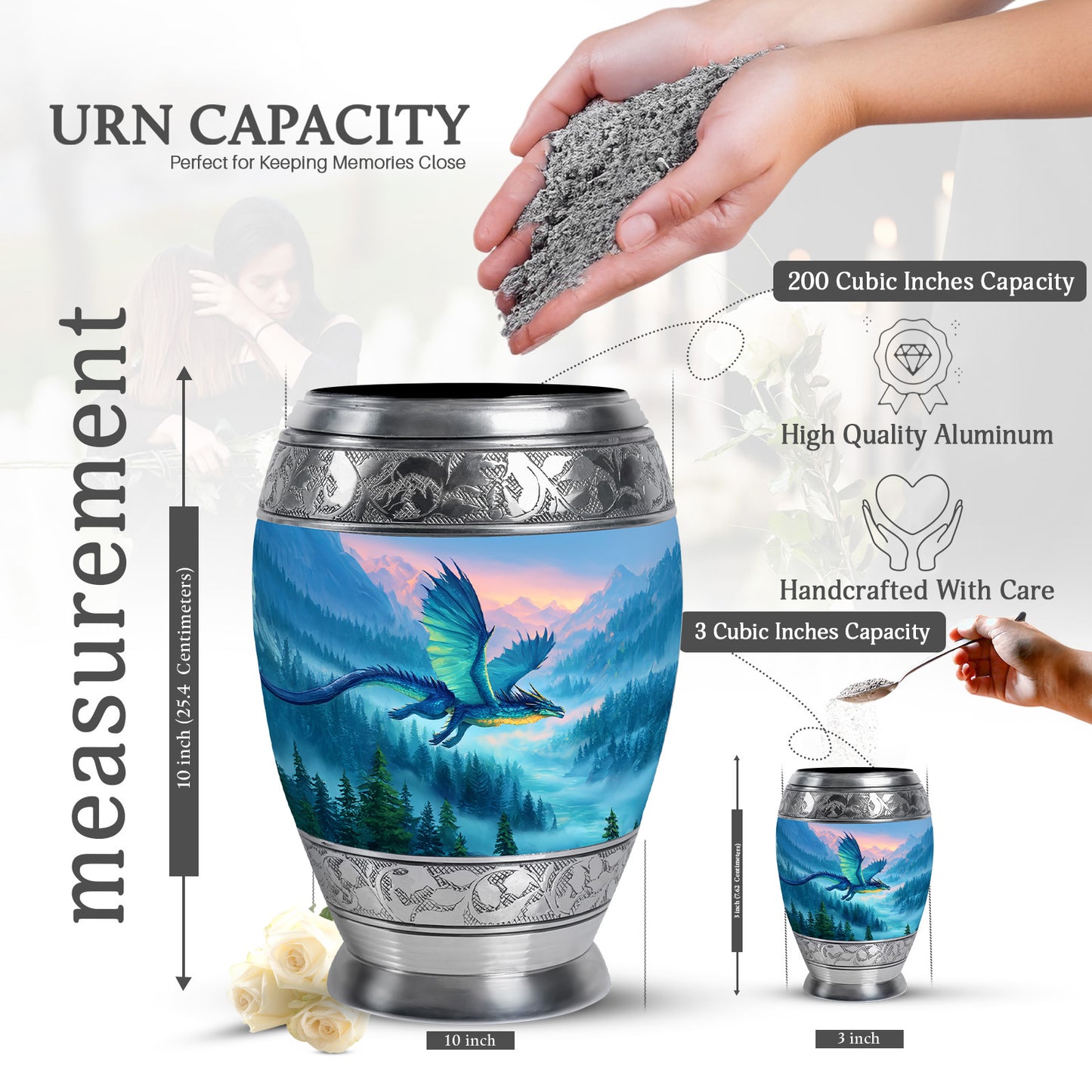 Serene Blue Dragon Cremation Urn lifestyle display on memorial shelf - royal dragon engraving with decorative scrollwork - mini keepsake memorial for portion of cremation ashes