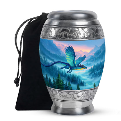 Navy Blue Dragon Cremation Urn back view with polished surface - ornate monarch-style dragon relief on brushed aluminum - full-size 10 inch 200 cubic inch adult cremation urn