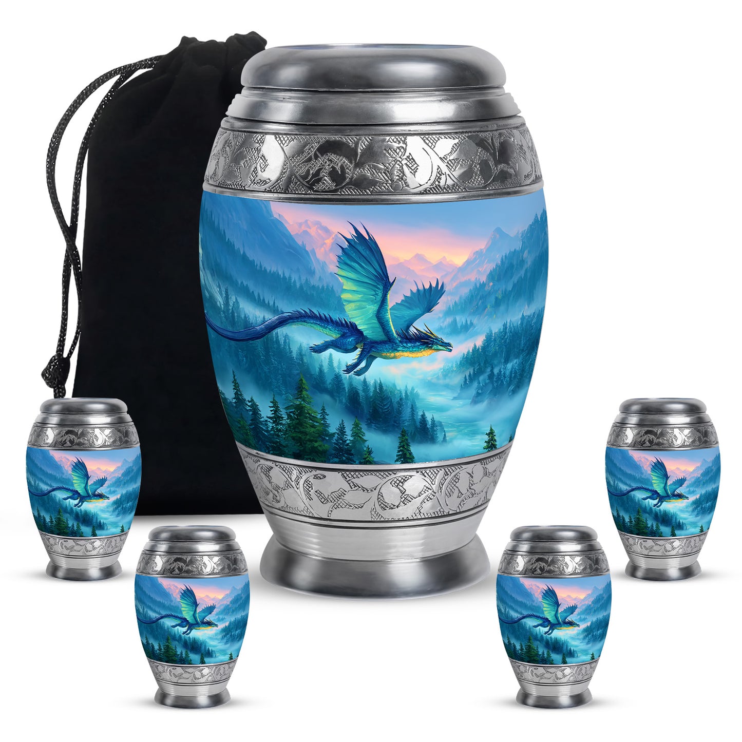 Sky Blue Dragon Cremation Urn detail view - ornate monarch-style dragon relief on brushed aluminum - memorial set with one large and four small urns