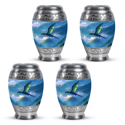Steel Blue Dragon Cremation Urn urn with complimentary velvet bag - majestic dragon pattern with filigree border - 10 inch aluminum urn for cremated remains