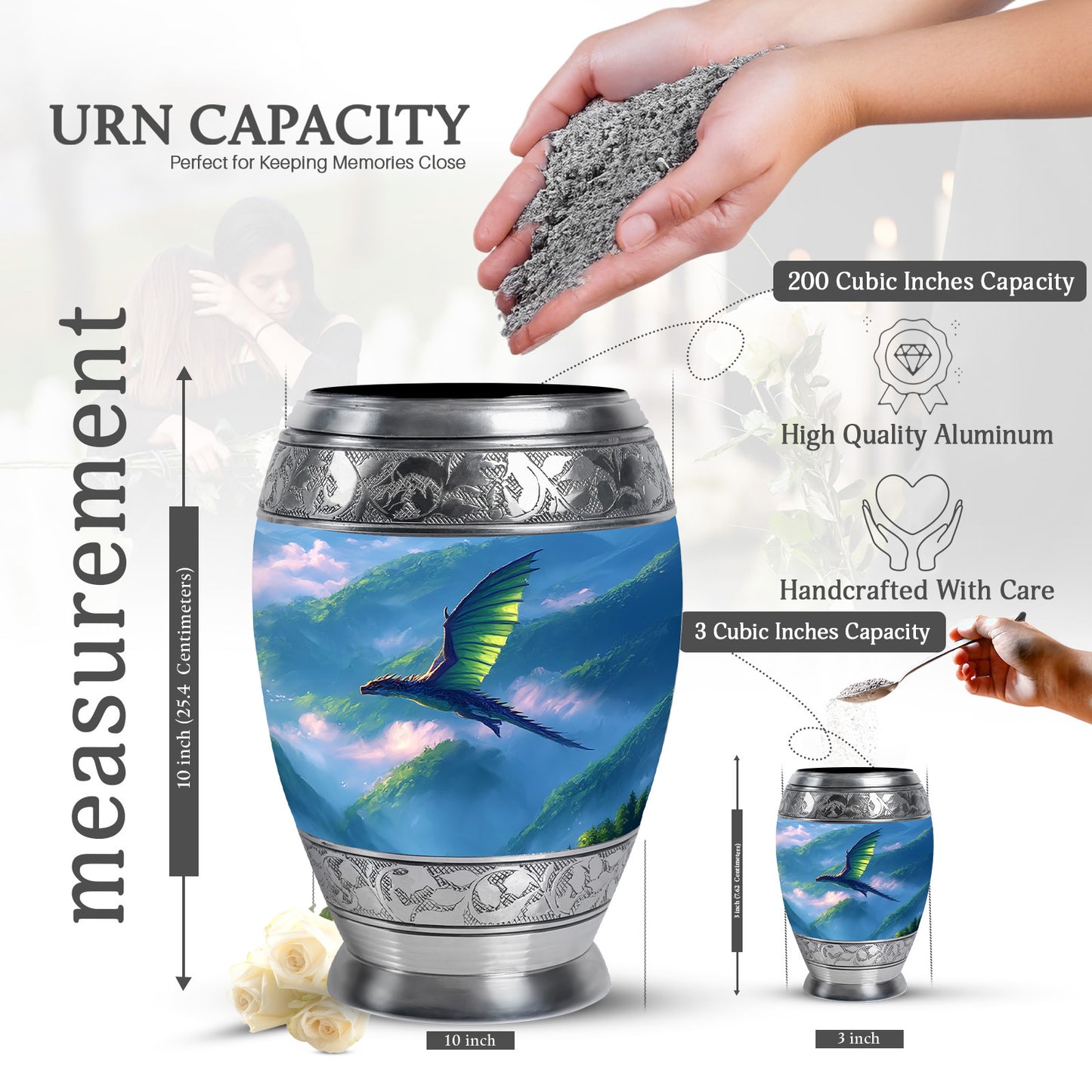 Steel Blue Dragon Cremation Urn lifestyle display on memorial shelf - royal dragon engraving with decorative scrollwork - mini keepsake memorial for portion of cremation ashes