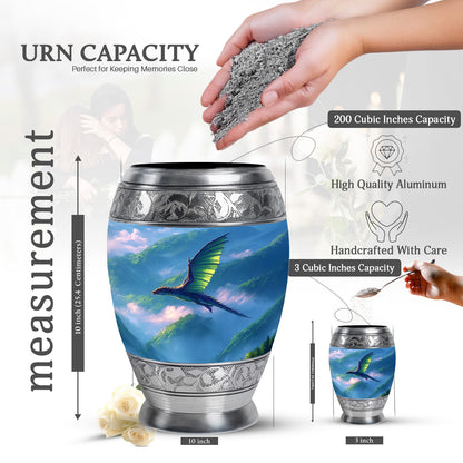Steel Blue Dragon Cremation Urn lifestyle display on memorial shelf - royal dragon engraving with decorative scrollwork - mini keepsake memorial for portion of cremation ashes