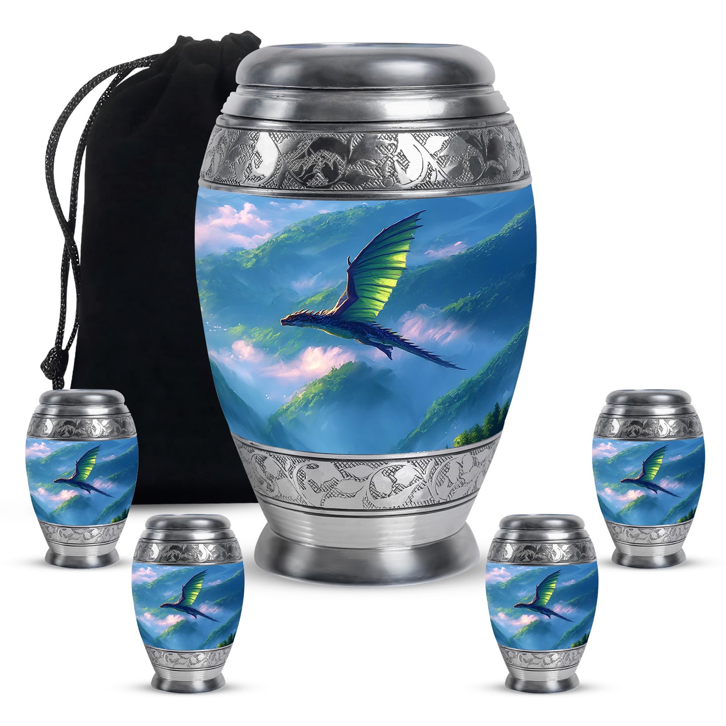 Slate Blue Dragon Cremation Urn detail view - ornate monarch-style dragon relief on brushed aluminum - memorial set with one large and four small urns