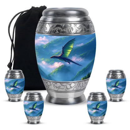 Slate Blue Dragon Cremation Urn detail view - ornate monarch-style dragon relief on brushed aluminum - memorial set with one large and four small urns
