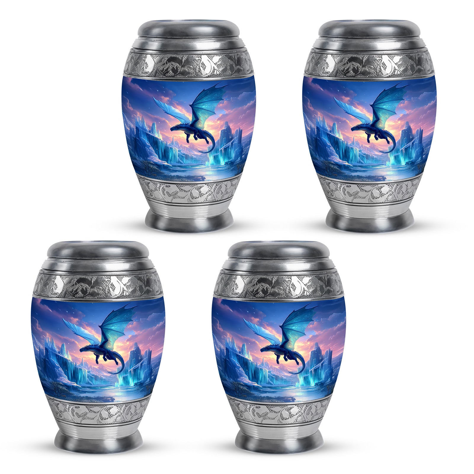 Sky Blue Dragon Cremation Urn urn with complimentary velvet bag - regal dragon design with crown-inspired accents - 10 inch aluminum urn for cremated remains