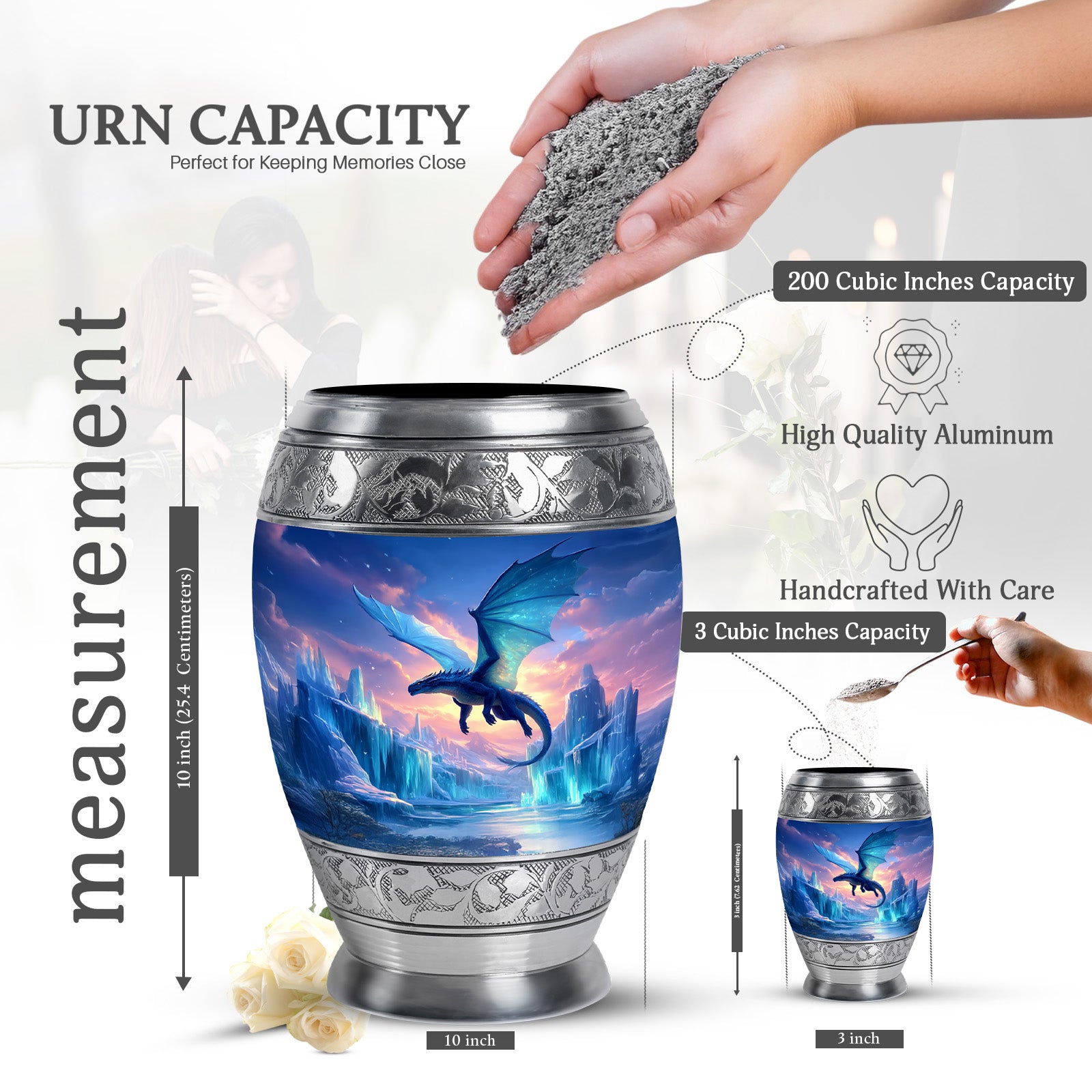 Steel Blue Dragon Cremation Urn lifestyle display on memorial shelf - royal dragon engraving with decorative scrollwork - mini keepsake memorial for portion of cremation ashes