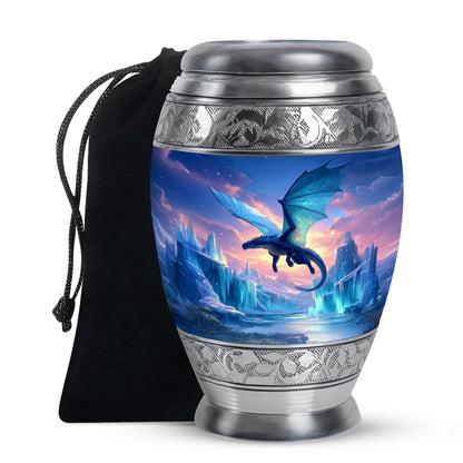 Slate Blue Dragon Cremation Urn back view with polished surface - ornate monarch-style dragon relief on brushed aluminum - full-size 10 inch 200 cubic inch adult cremation urn