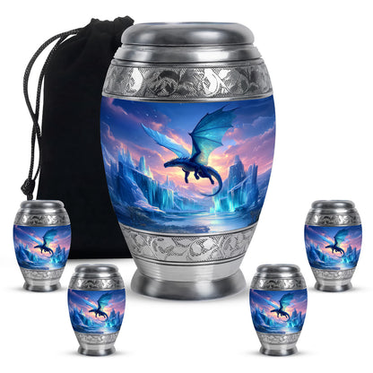 Steel Blue Dragon Cremation Urn detail view - royal dragon engraving with decorative scrollwork - memorial set with one large and four small urns