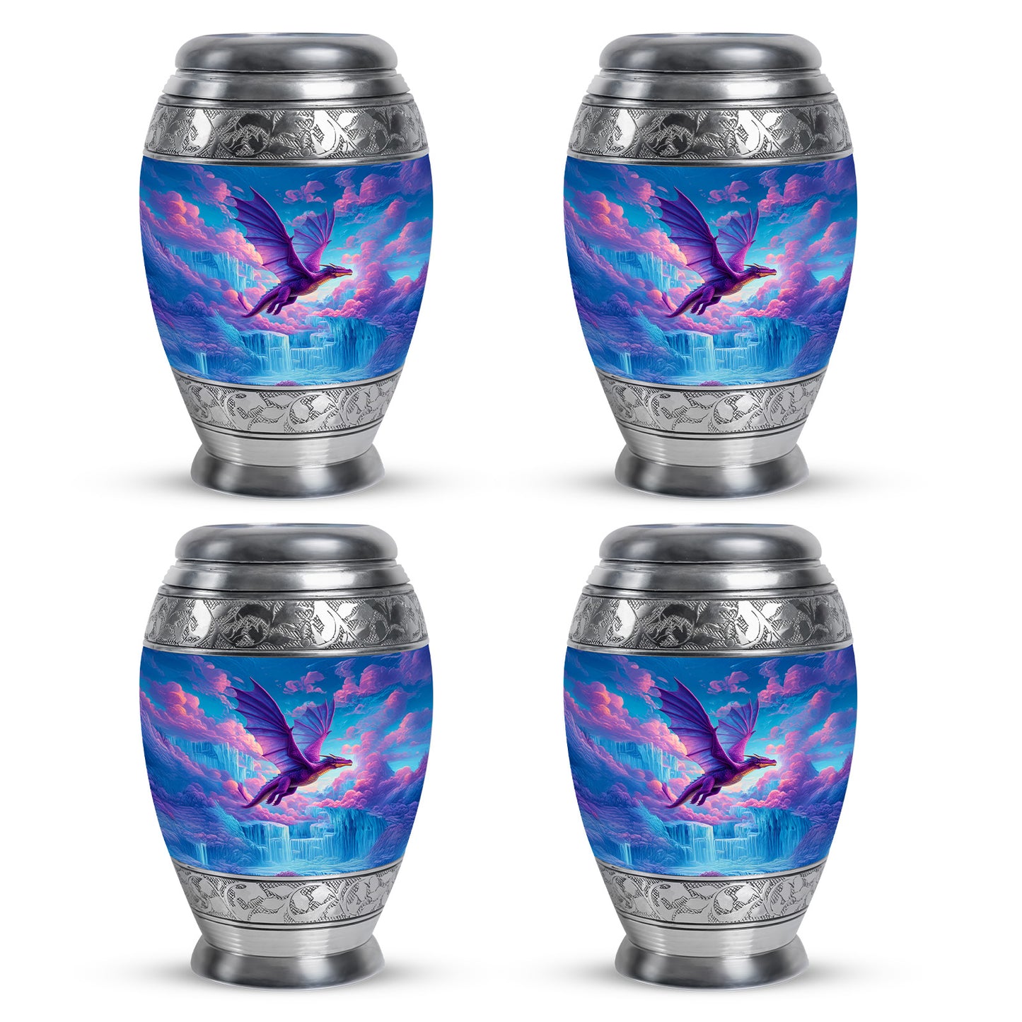 Cornflower Blue Dragon Cremation Urn urn with complimentary velvet bag - majestic dragon pattern with filigree border - 10 inch aluminum urn for cremated remains