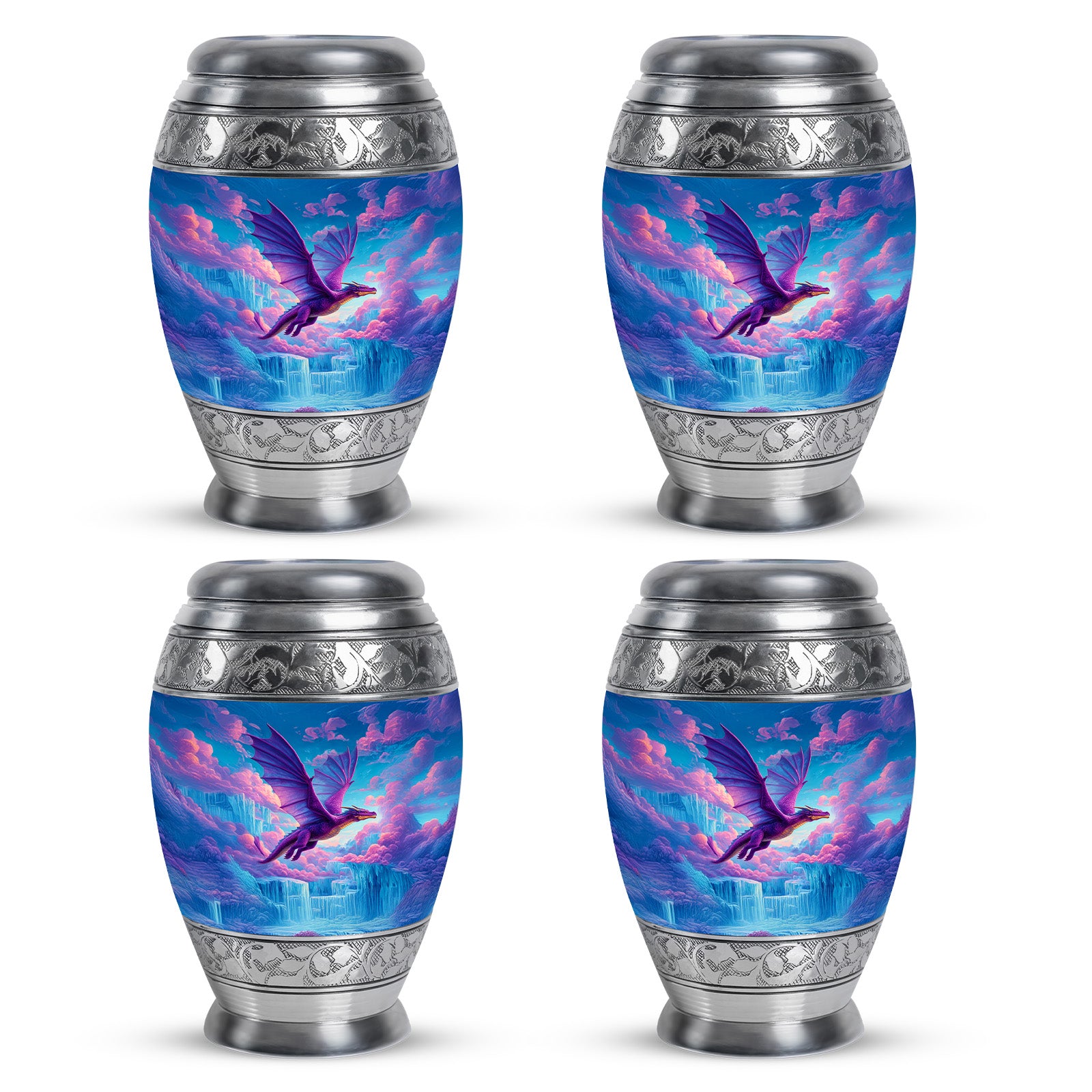 Cornflower Blue Dragon Cremation Urn urn with complimentary velvet bag - majestic dragon pattern with filigree border - 10 inch aluminum urn for cremated remains