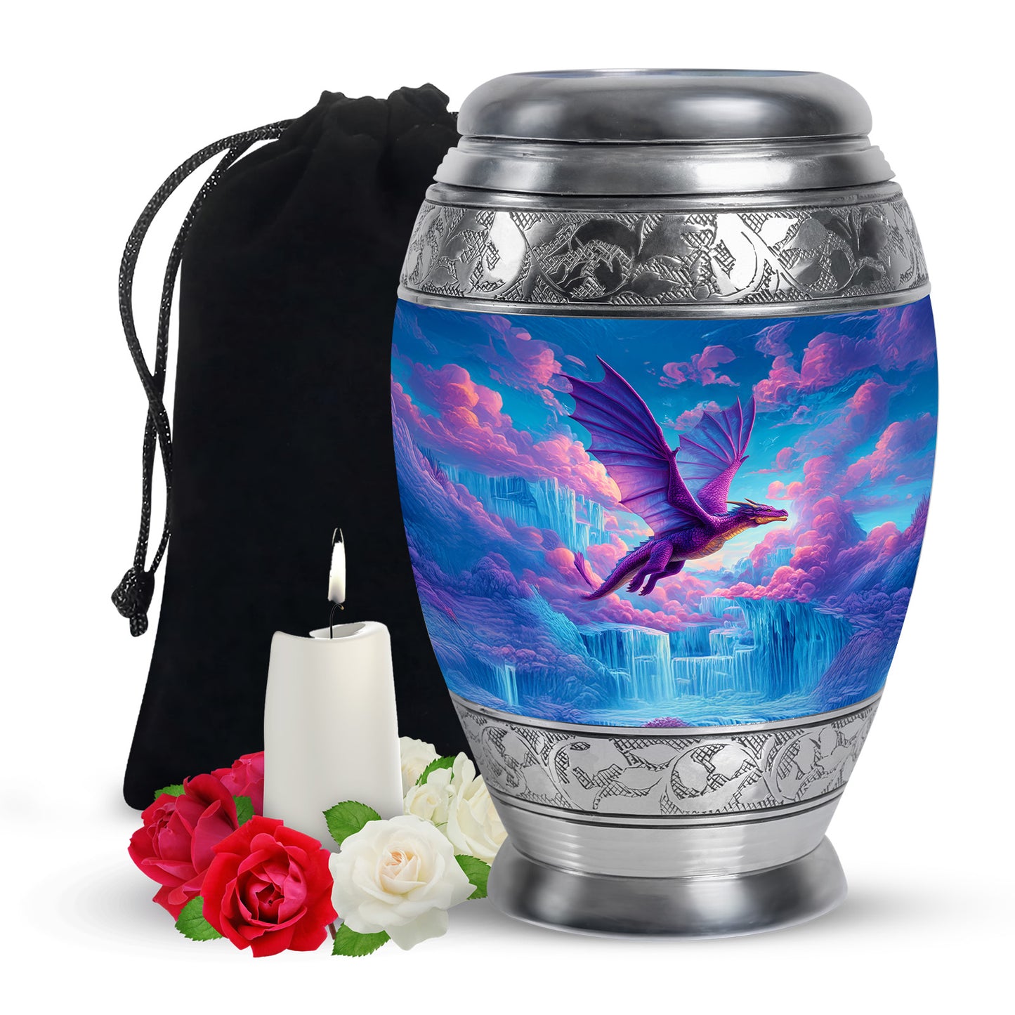 Cobalt Blue Dragon Cremation Urn back view with polished surface - royal dragon engraving with decorative scrollwork - full-size 10 inch 200 cubic inch adult cremation urn