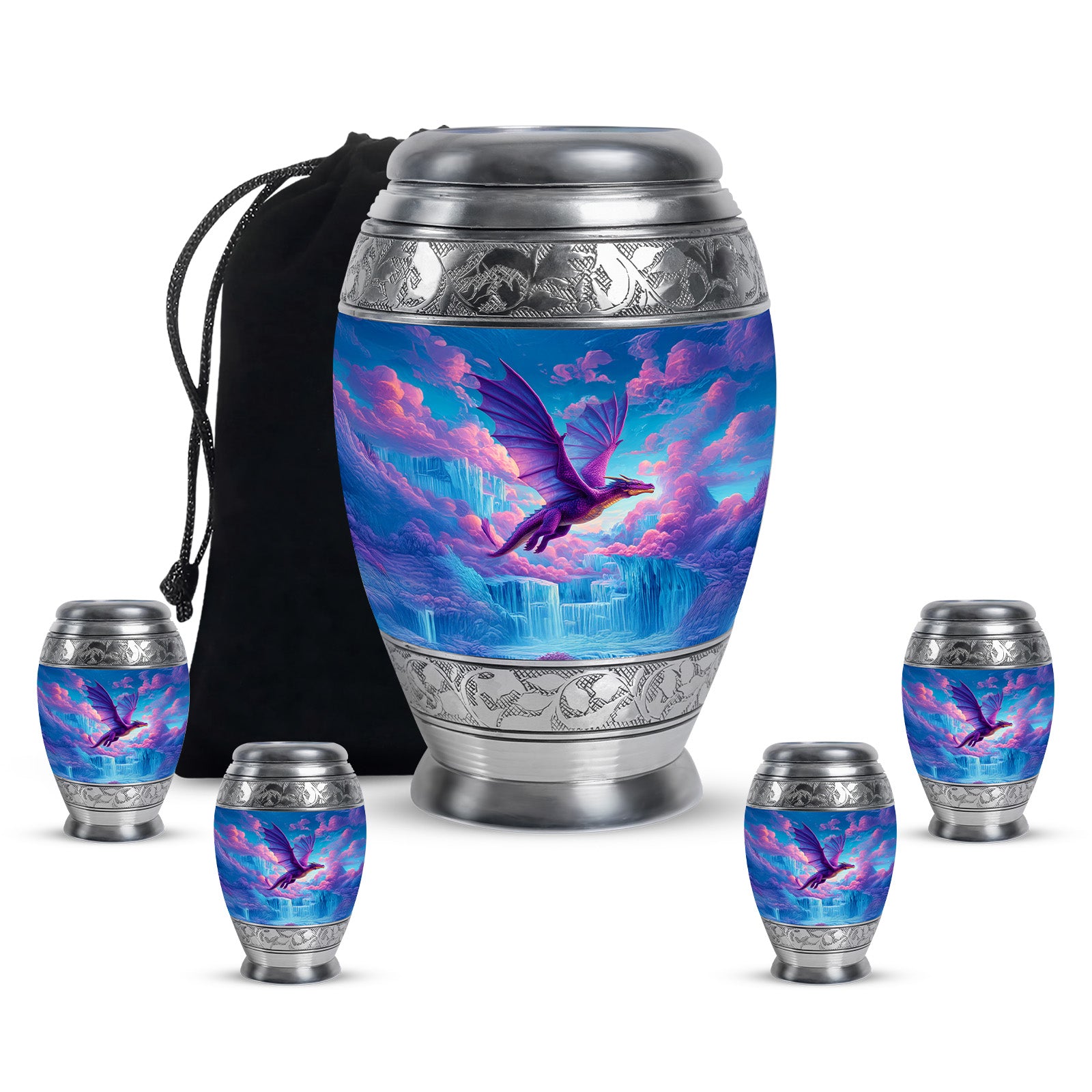 Dusty Blue Dragon Cremation Urn detail view - ornate monarch-style dragon relief on brushed aluminum - memorial set with one large and four small urns