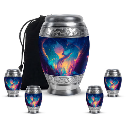 Azure Dragon Cremation Urn detail view - regal dragon design with crown-inspired accents - memorial set with one large and four small urns