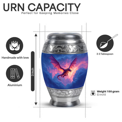 Royal Blue Dragon Cremation Urn lifestyle display on memorial shelf - majestic dragon pattern with filigree border - mini keepsake memorial for portion of cremation ashes