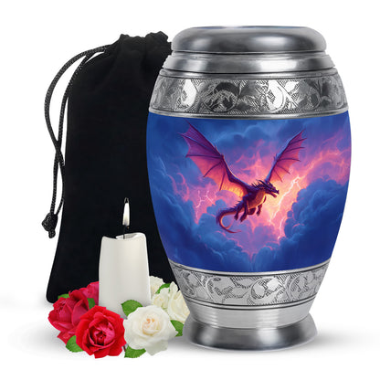 Sapphire Blue Dragon Cremation Urn back view with polished surface - majestic dragon pattern with filigree border - full-size 10 inch 200 cubic inch adult cremation urn