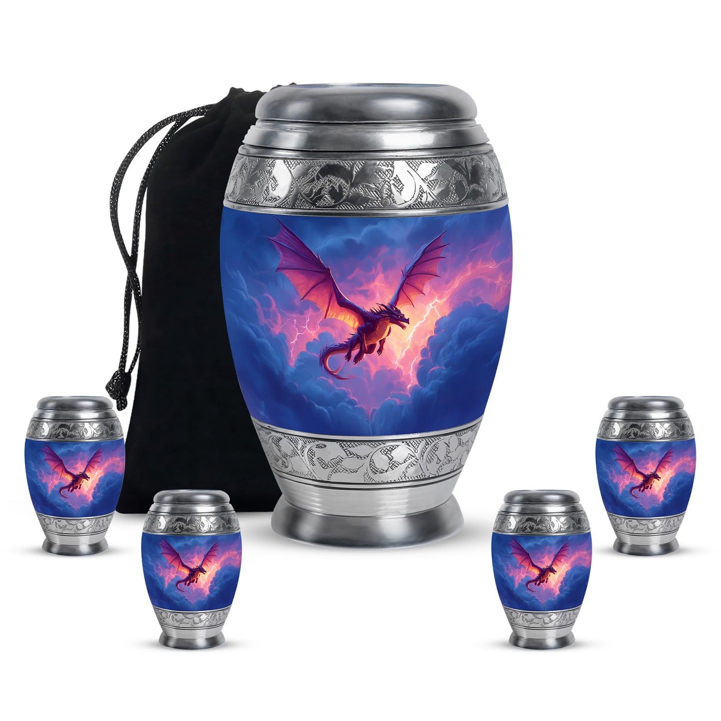 Steel Blue Dragon Cremation Urn detail view - royal dragon engraving with decorative scrollwork - memorial set with one large and four small urns