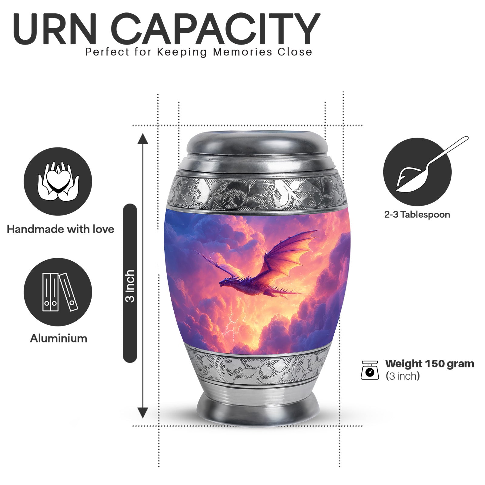 Sapphire Blue Dragon Cremation Urn lifestyle display on memorial shelf - majestic dragon pattern with filigree border - mini keepsake memorial for portion of cremation ashes