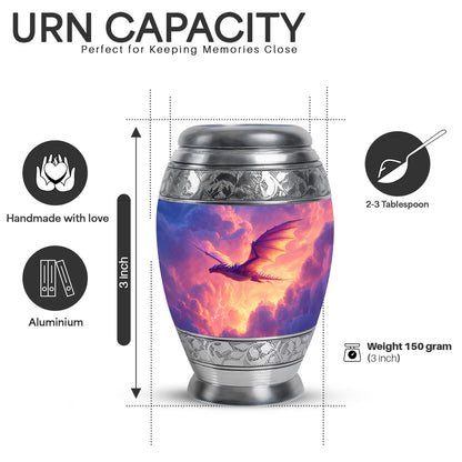 Sapphire Blue Dragon Cremation Urn lifestyle display on memorial shelf - majestic dragon pattern with filigree border - mini keepsake memorial for portion of cremation ashes