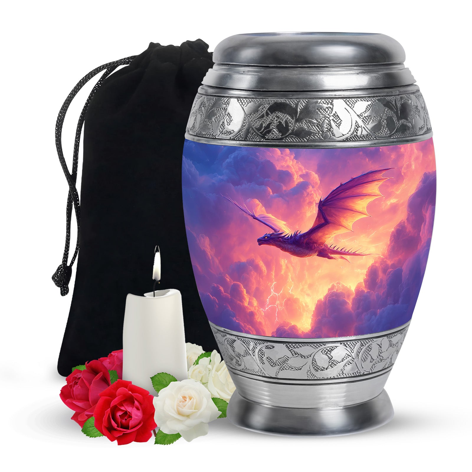 Slate Blue Dragon Cremation Urn back view with polished surface - regal dragon design with crown-inspired accents - full-size 10 inch 200 cubic inch adult cremation urn