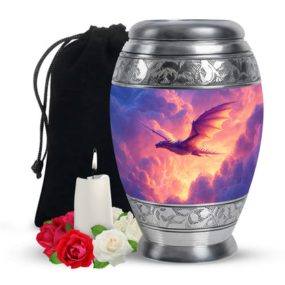 Slate Blue Dragon Cremation Urn back view with polished surface - regal dragon design with crown-inspired accents - full-size 10 inch 200 cubic inch adult cremation urn