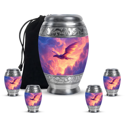 Indigo Dragon Cremation Urn detail view - regal dragon design with crown-inspired accents - memorial set with one large and four small urns