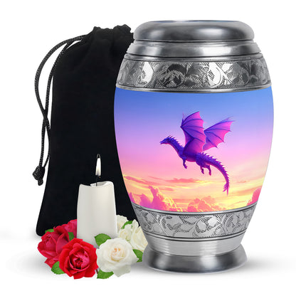 Navy Blue Dragon Cremation Urn back view with polished surface - ornate monarch-style dragon relief on brushed aluminum - full-size 10 inch 200 cubic inch adult cremation urn