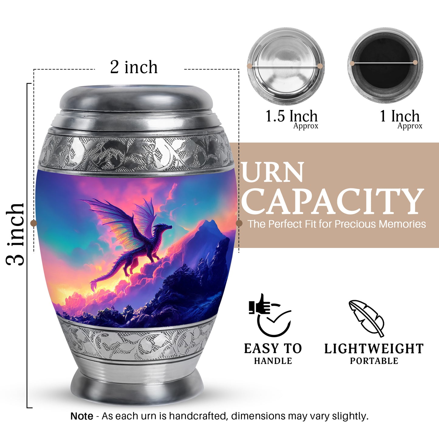 Soft Blue Dragon Cremation Urn lifestyle display on memorial shelf - royal dragon engraving with decorative scrollwork - mini keepsake memorial for portion of cremation ashes