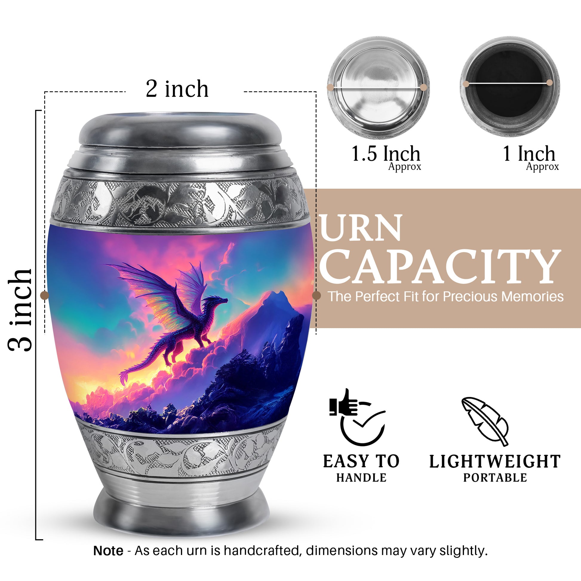 Soft Blue Dragon Cremation Urn lifestyle display on memorial shelf - royal dragon engraving with decorative scrollwork - mini keepsake memorial for portion of cremation ashes