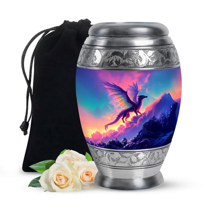 Royal Blue Dragon Cremation Urn back view with polished surface - majestic dragon pattern with filigree border - full-size 10 inch 200 cubic inch adult cremation urn