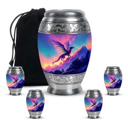 Celestial Blue Dragon Cremation Urn detail view - ornate monarch-style dragon relief on brushed aluminum - memorial set with one large and four small urns