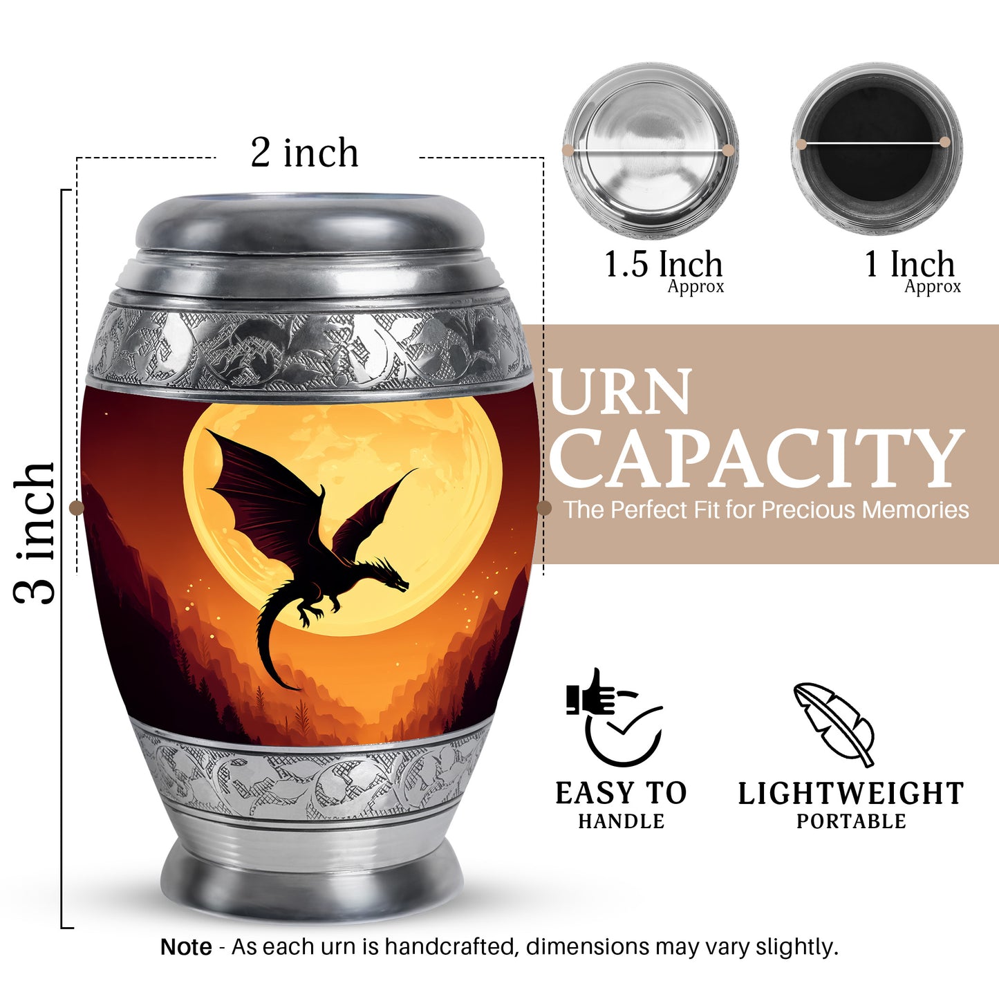 Ruby Red Dragon Cremation Urn lifestyle display on memorial shelf - majestic dragon pattern with filigree border - mini keepsake memorial for portion of cremation ashes