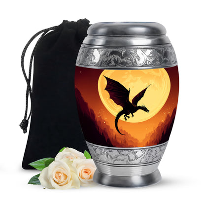 Scarlet Red Dragon Cremation Urn back view with polished surface - majestic dragon pattern with filigree border - full-size 10 inch 200 cubic inch adult cremation urn