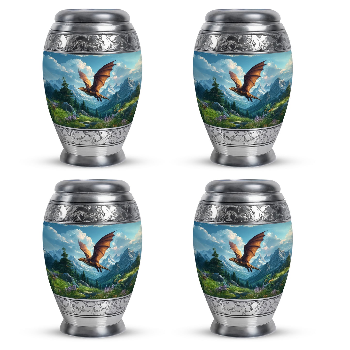 Calming Blue Dragon Cremation Urn urn with complimentary velvet bag - royal dragon engraving with decorative scrollwork - 10 inch aluminum urn for cremated remains