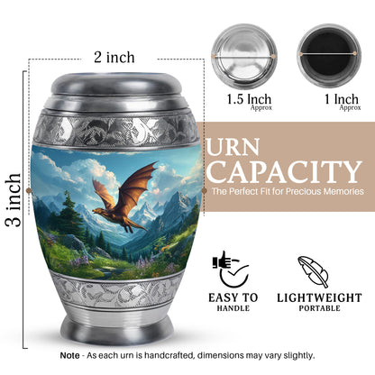 Slate Blue Dragon Cremation Urn lifestyle display on memorial shelf - ornate monarch-style dragon relief on brushed aluminum - mini keepsake memorial for portion of cremation ashes
