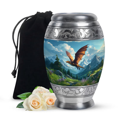 Serene Blue Dragon Cremation Urn back view with polished surface - royal dragon engraving with decorative scrollwork - full-size 10 inch 200 cubic inch adult cremation urn