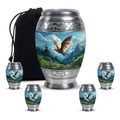 Calming Blue Dragon Cremation Urn detail view - royal dragon engraving with decorative scrollwork - memorial set with one large and four small urns