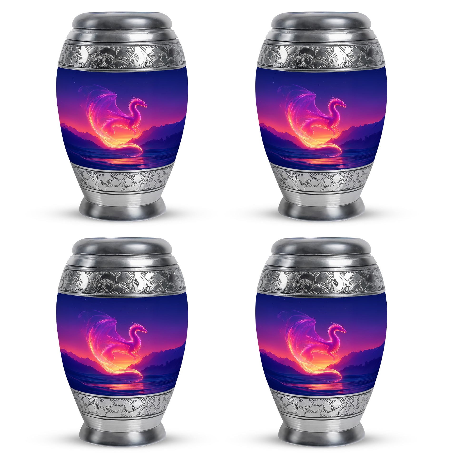 Indigo Dragon Cremation Urn urn with complimentary velvet bag - ornate monarch-style dragon relief on brushed aluminum - 10 inch aluminum urn for cremated remains