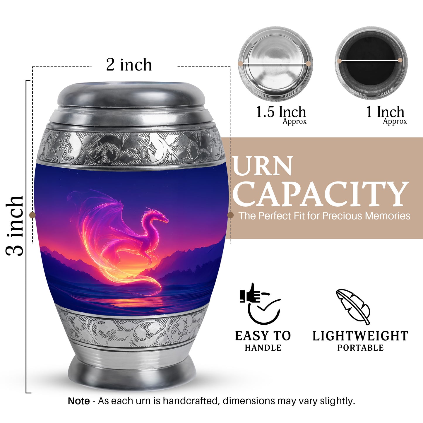 Vivid Blue Dragon Cremation Urn lifestyle display on memorial shelf - royal dragon engraving with decorative scrollwork - mini keepsake memorial for portion of cremation ashes