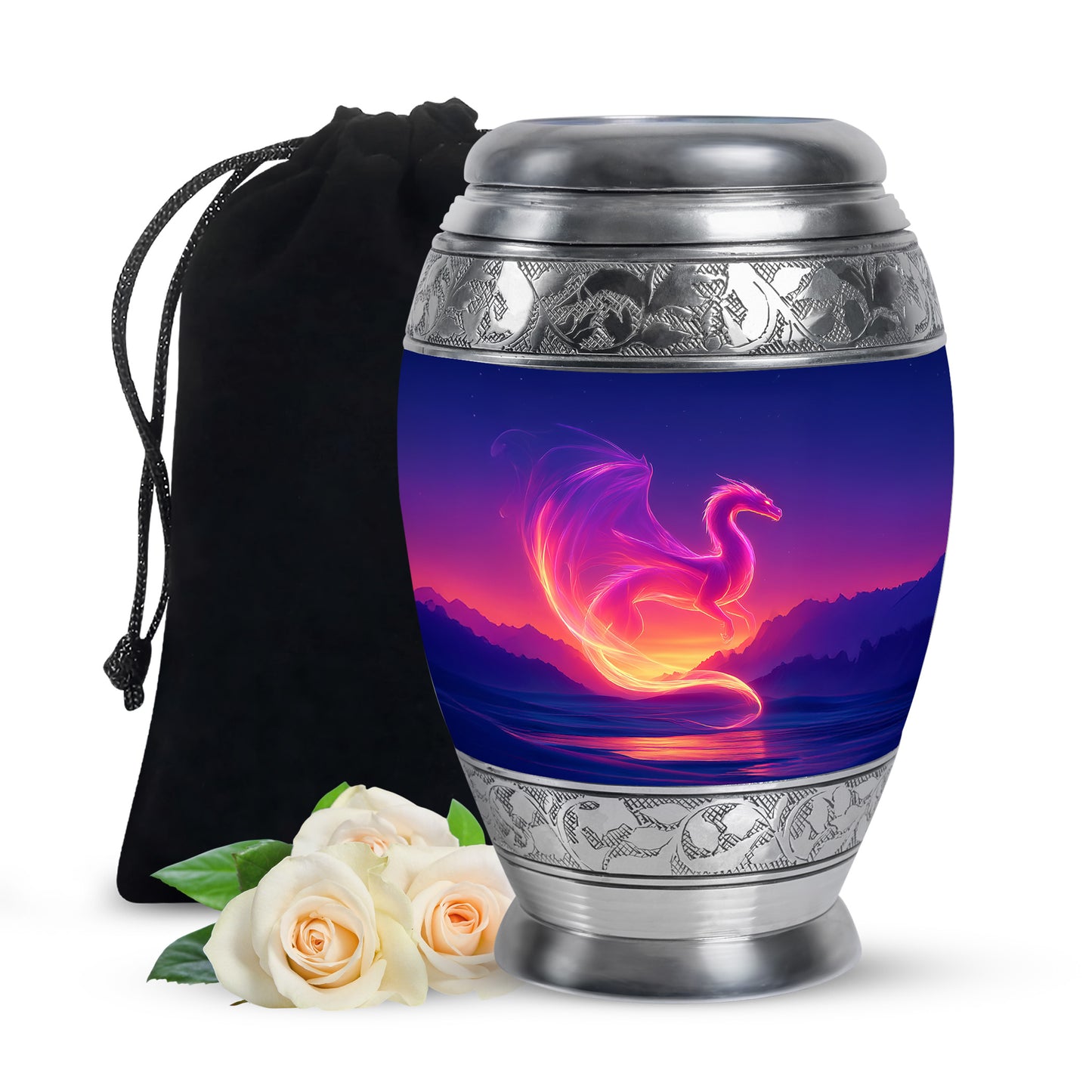 Royal Blue Dragon Cremation Urn back view with polished surface - majestic dragon pattern with filigree border - full-size 10 inch 200 cubic inch adult cremation urn