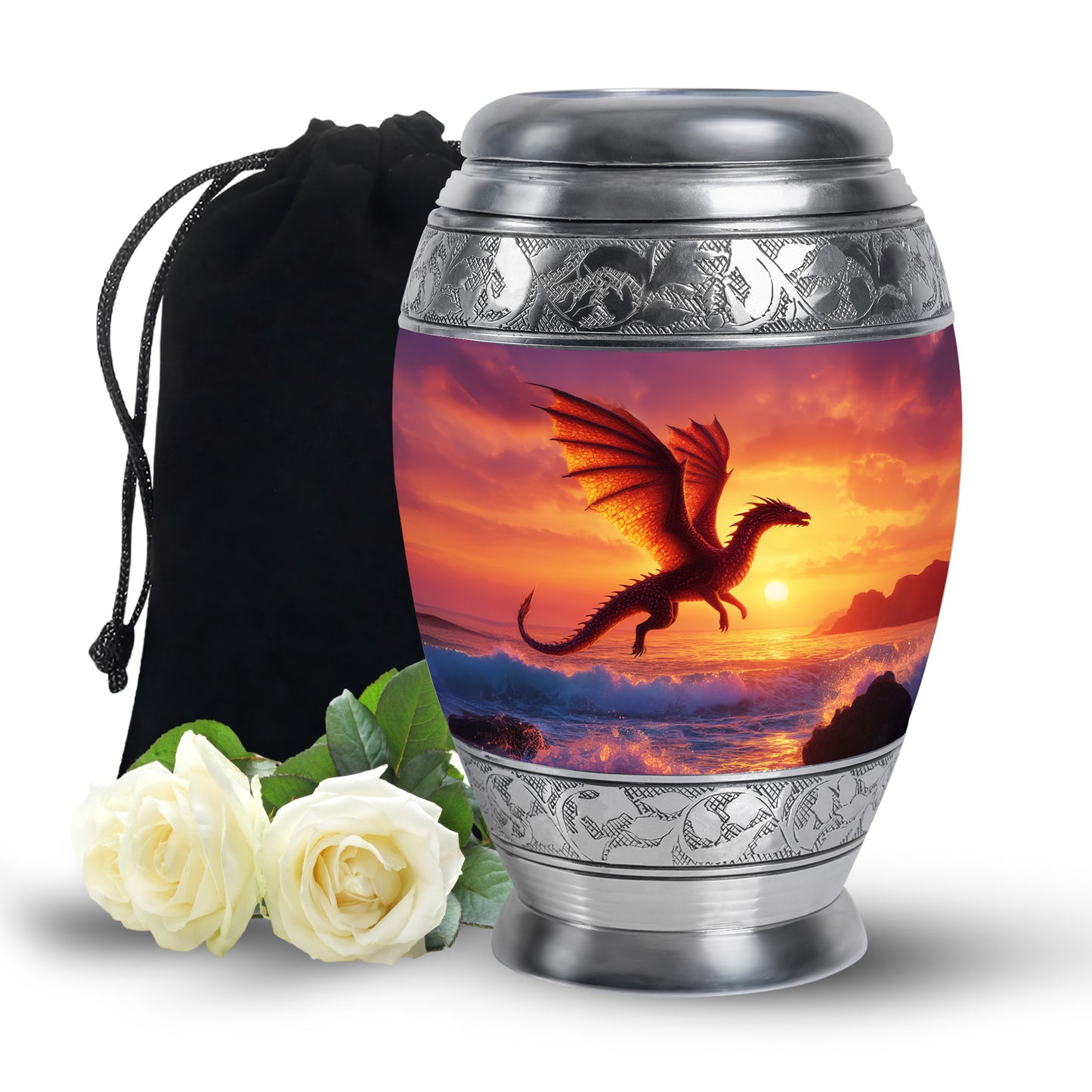 Orchid Purple Dragon Cremation Urn back view with polished surface - regal dragon design with crown-inspired accents - full-size 10 inch 200 cubic inch adult cremation urn