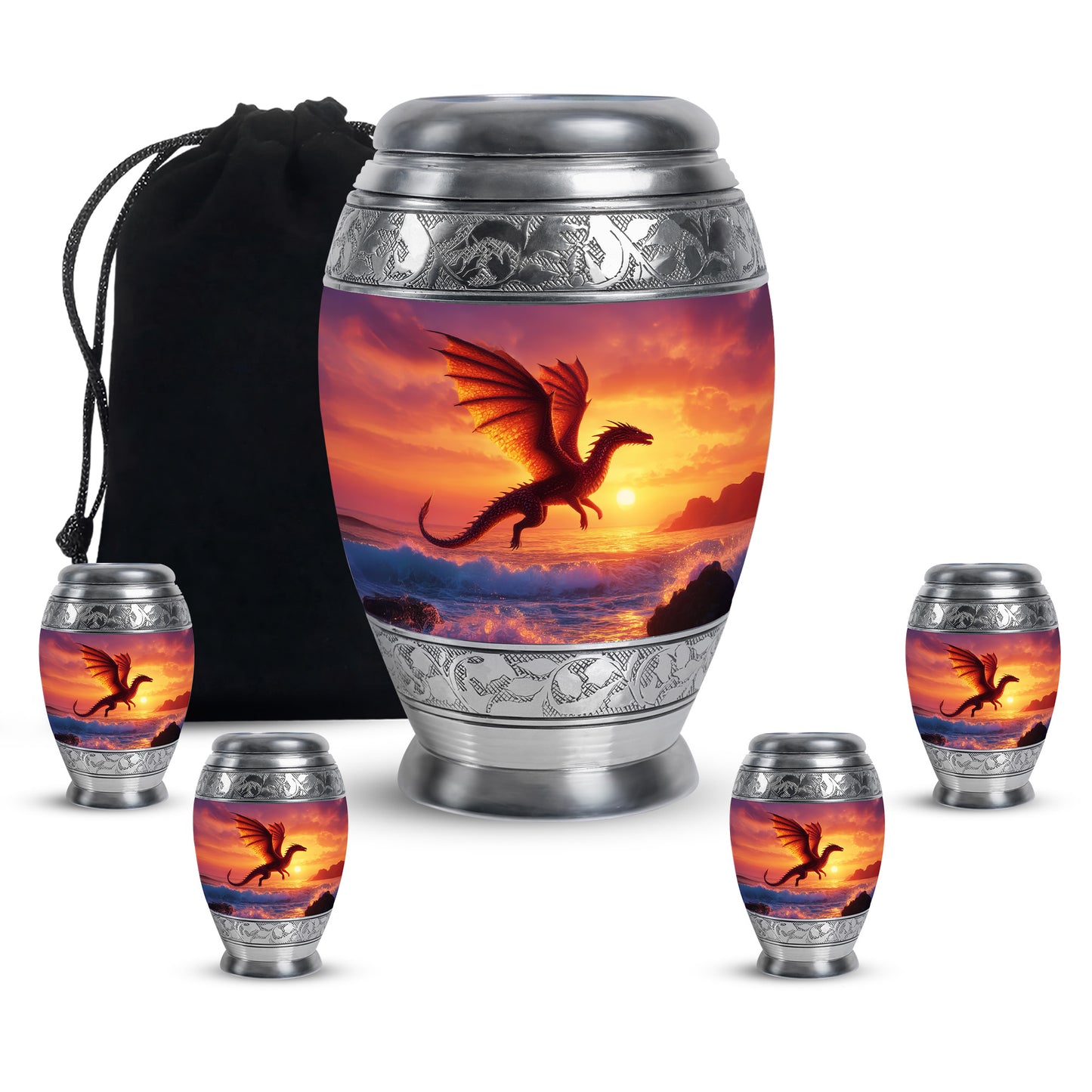 Majestic Purple Dragon Cremation Urn detail view - ornate monarch-style dragon relief on brushed aluminum - memorial set with one large and four small urns