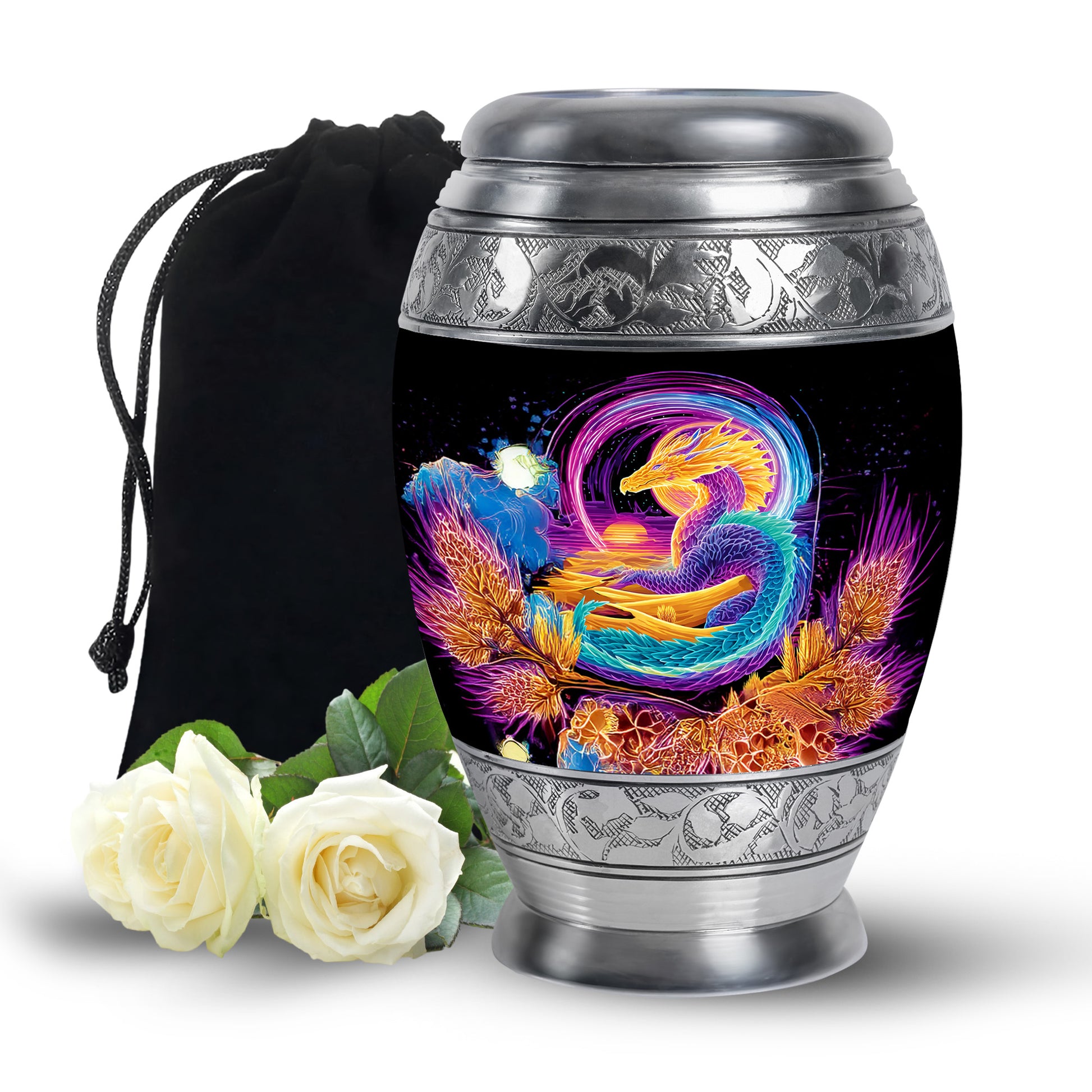 Glossy Black Dragon Cremation Urn back view with polished surface - regal dragon design with crown-inspired accents - full-size 10 inch 200 cubic inch adult cremation urn