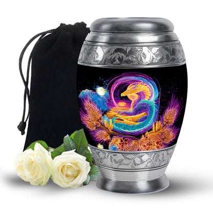 Glossy Black Dragon Cremation Urn back view with polished surface - regal dragon design with crown-inspired accents - full-size 10 inch 200 cubic inch adult cremation urn